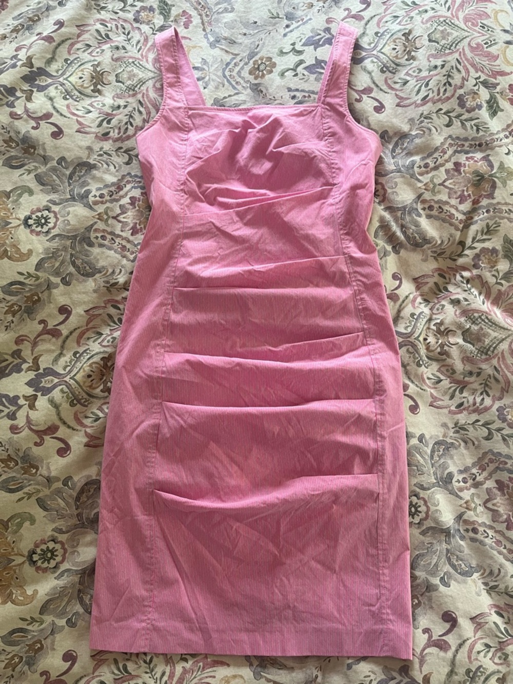 Pink pinstripe ruched body hugging sleeveless dress stretch size 6 midi